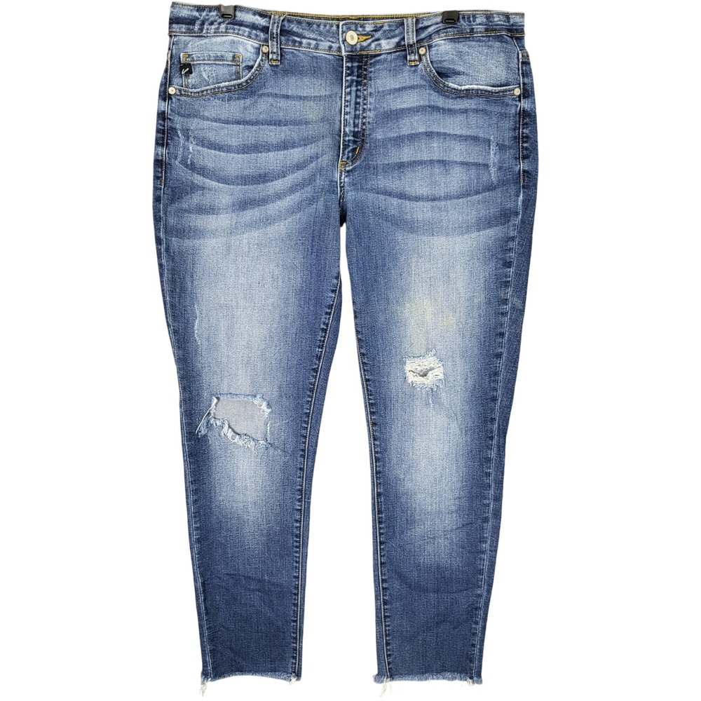 Kancan Womens‎ Jeans Size 31 Distressed Raw Hem Ankle Skinny Blue Denim Read*